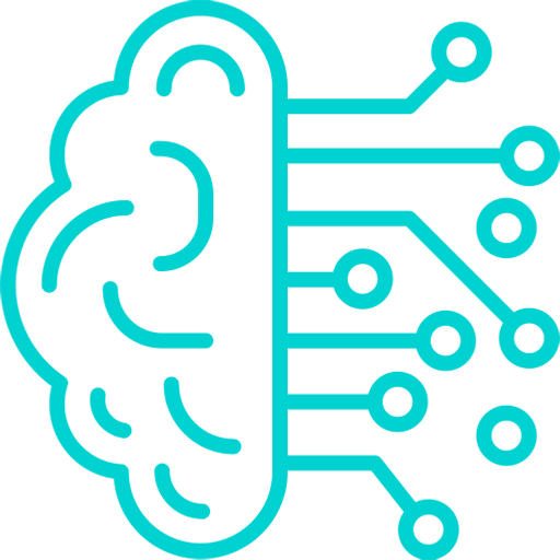 004-ai Ein cyanfarbenes Icon, das ein Gehirn minimalistisch skizziert.