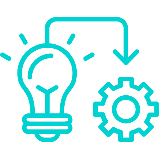 005-implementation Ein cyanfarbenes Icon, das eine Glühbirne sowie ein Rädchen enthält.